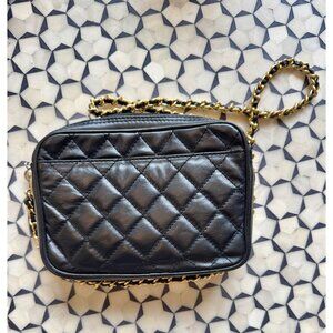 Black Quilted Faux Leather Crossbody Bag With Gold Chain Strap